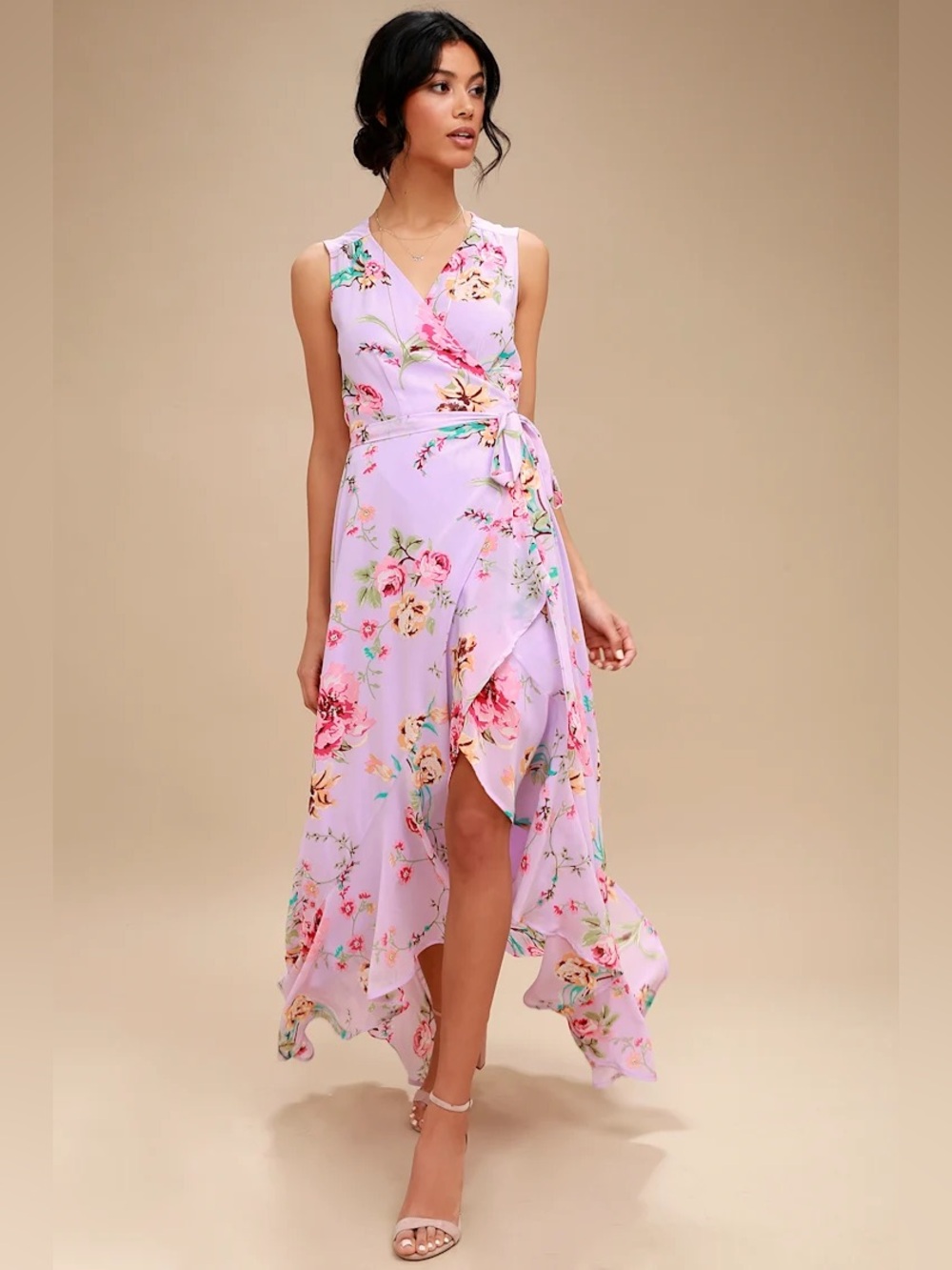 Lulu’s Tawny Lavender Purple Floral Wrap Tie Hi-Lo Maxi Dress Medium